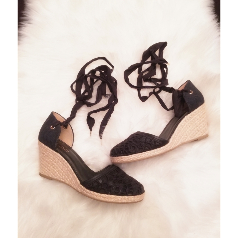 Black Lace Espadrille Wedge Sandals with Ankle Ties - Women